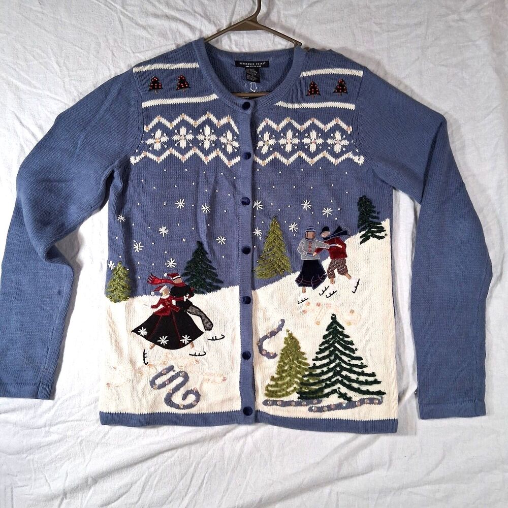 Vintage Reference Point Beaded Holiday Cardigan Small Ice Skaters Lt Blue
